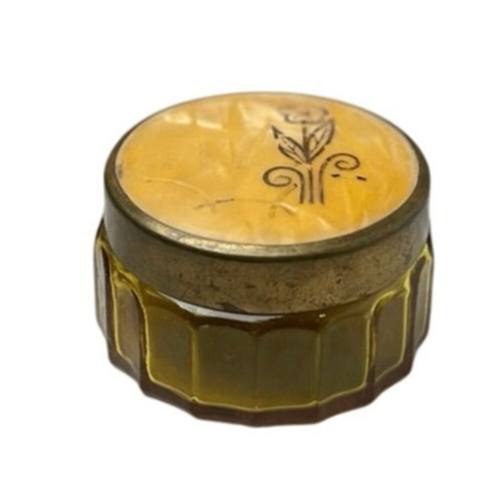Jar Trinket Box, Yellow Amber Glass Bakelite Flower Antique Art Deco Vintage
